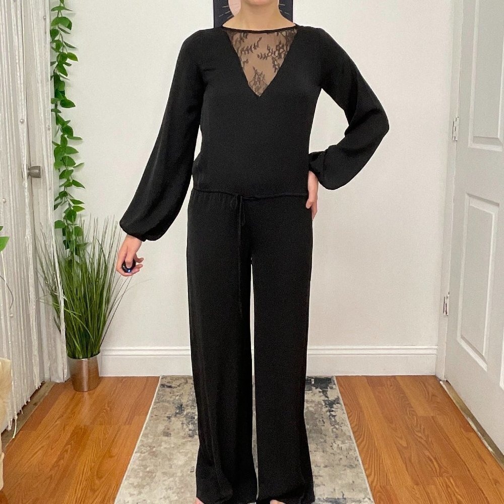ALEXIS Lace Long Sleeve Wide Leg Jumpsuit Tie-Waist Size XS Black